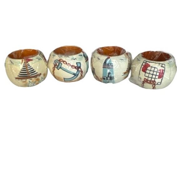 Vintage Unused Nautical Set of 4 Wooden Napkin Rings - Picture 1 of 10